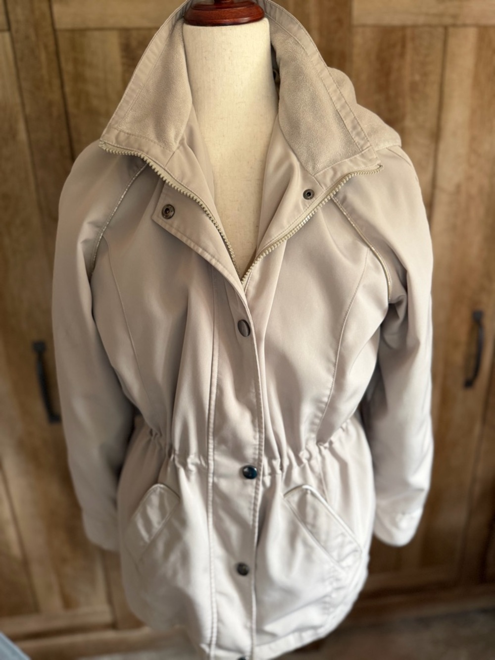Nautica Light Beige Drawstring Waist Utility Jacket with removable lining.